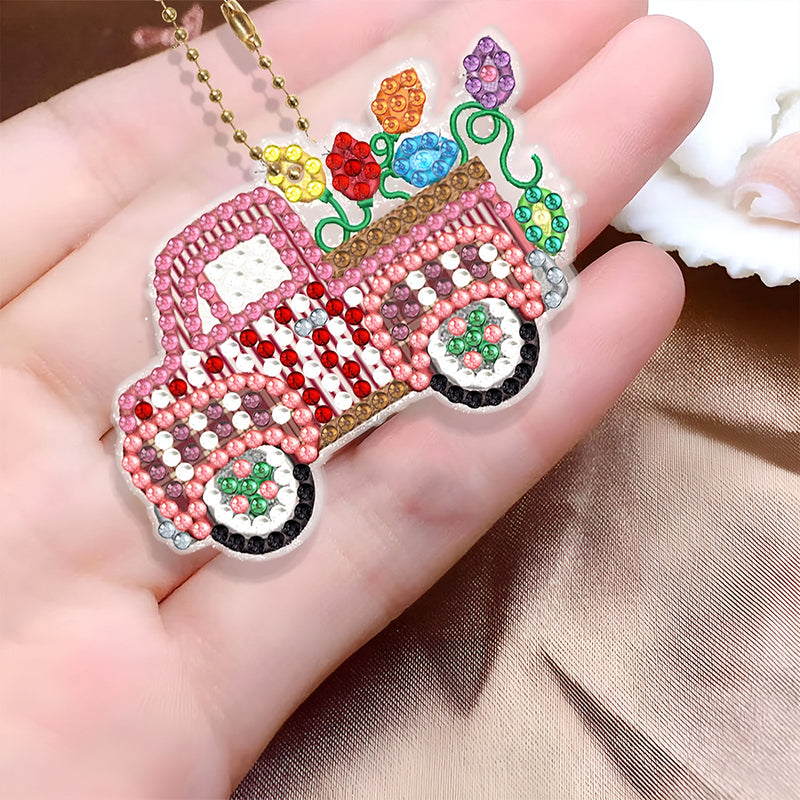 6Pcs Christmas Car Acrylic Double Side Keychain Diamond Painting