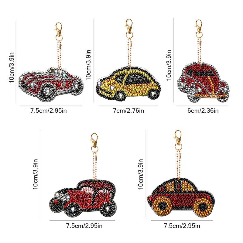 5Pcs Colorful Cars Acrylic Double Side Keychain Diamond Painting