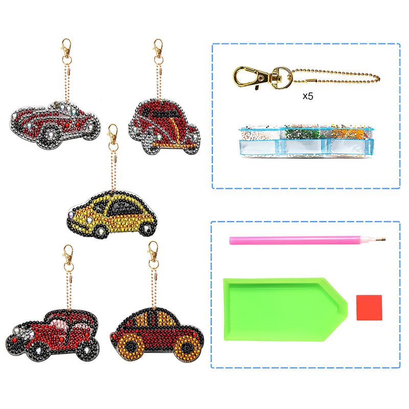 5Pcs Colorful Cars Acrylic Double Side Keychain Diamond Painting