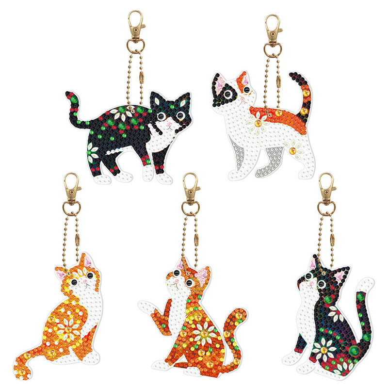 5Pcs Flower Cats Acrylic Double Side Keychain Diamond Painting