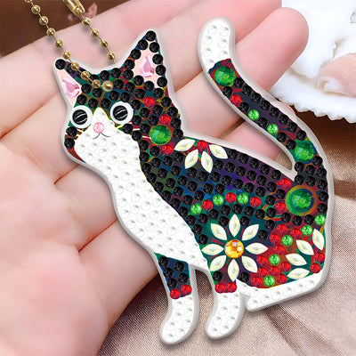 5Pcs Flower Cats Acrylic Double Side Keychain Diamond Painting