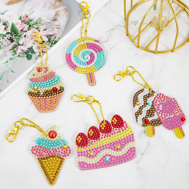 5Pcs Ice Cream and Cake Acrylic Double Side Keychain Diamond Painting