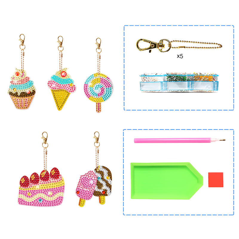 5Pcs Ice Cream and Cake Acrylic Double Side Keychain Diamond Painting