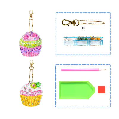 2Pcs Yummy Cupcakes Acrylic Double Side Keychain Diamond Painting