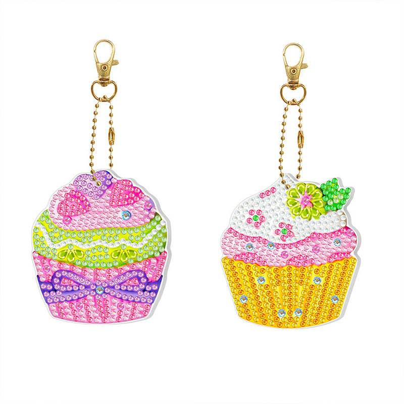 2Pcs Yummy Cupcakes Acrylic Double Side Keychain Diamond Painting