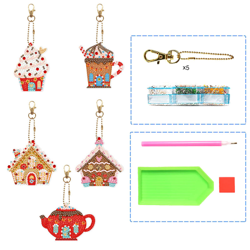 5Pcs Ice Cream and Castle Acrylic Double Side Keychain Diamond Painting