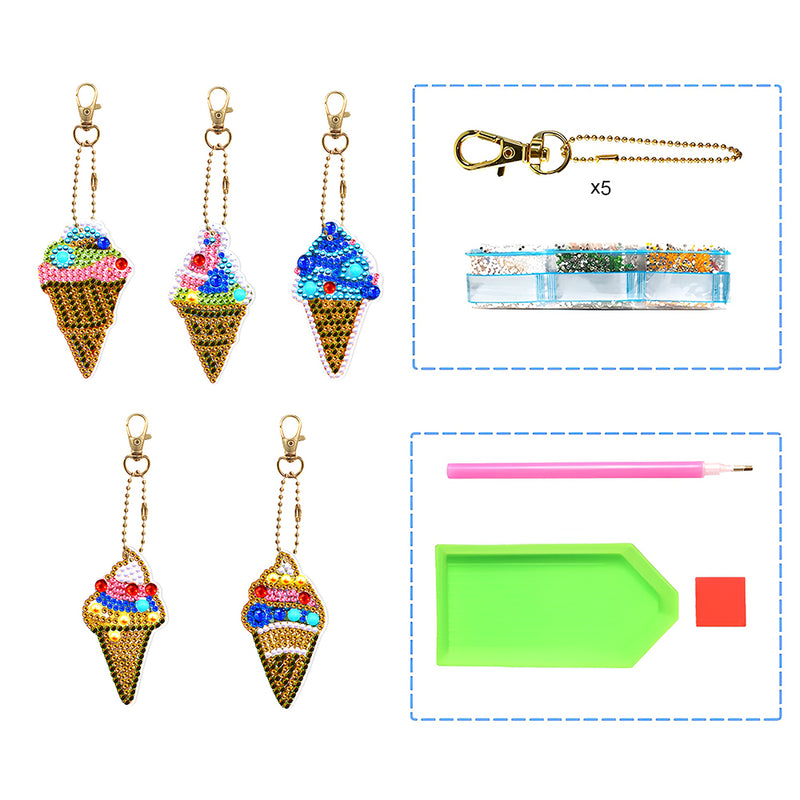 5Pcs Ice Cream Acrylic Double Side Keychain Diamond Painting