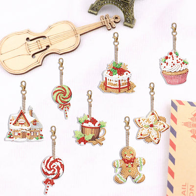 8Pcs Christmas Desserts Acrylic Double Side Keychain Diamond Painting