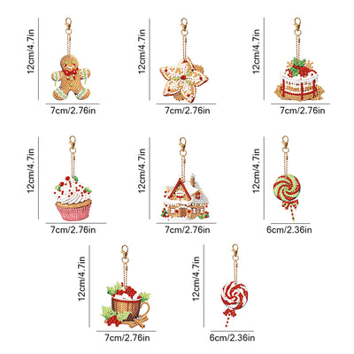 8Pcs Christmas Desserts Acrylic Double Side Keychain Diamond Painting