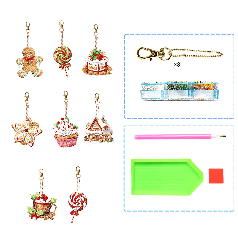 8Pcs Christmas Desserts Acrylic Double Side Keychain Diamond Painting