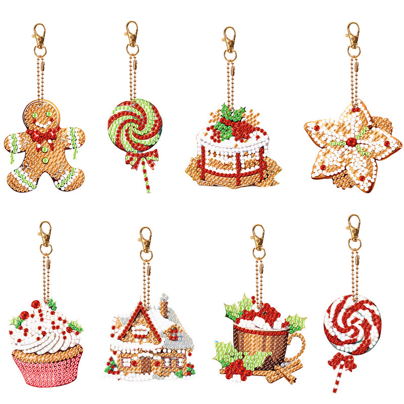 8Pcs Christmas Desserts Acrylic Double Side Keychain Diamond Painting