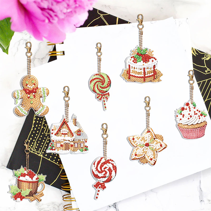 8Pcs Christmas Desserts Acrylic Double Side Keychain Diamond Painting