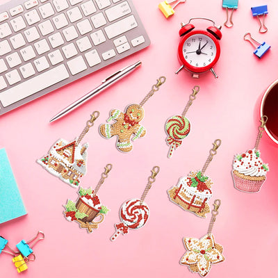 8Pcs Christmas Desserts Acrylic Double Side Keychain Diamond Painting