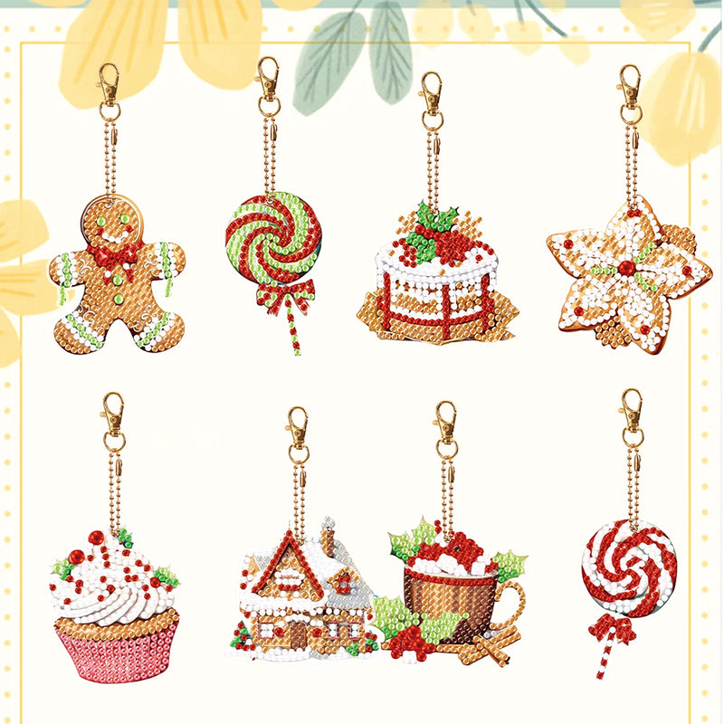 8Pcs Christmas Desserts Acrylic Double Side Keychain Diamond Painting