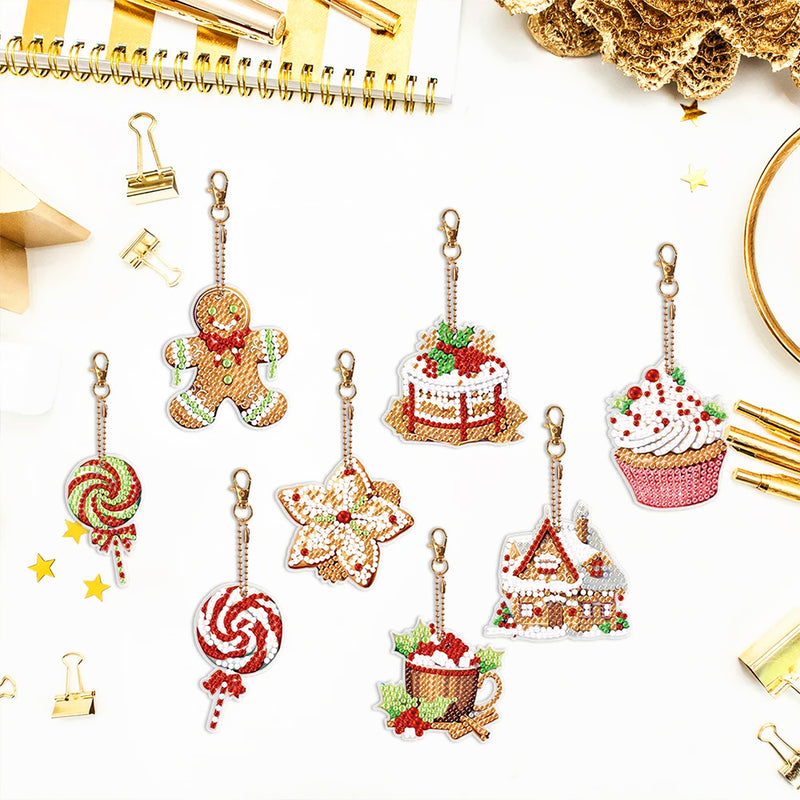 8Pcs Christmas Desserts Acrylic Double Side Keychain Diamond Painting