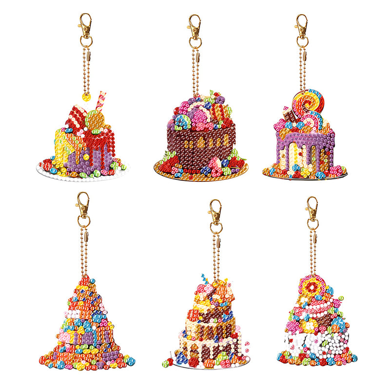 6Pcs Gorgeous Cakes Acrylic Double Side Keychain Diamond Painting