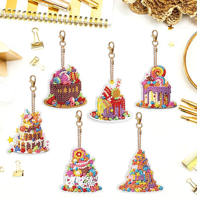 6Pcs Gorgeous Cakes Acrylic Double Side Keychain Diamond Painting