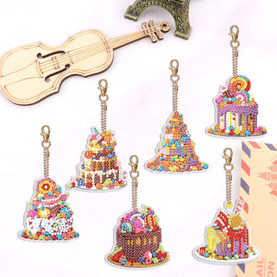 6Pcs Gorgeous Cakes Acrylic Double Side Keychain Diamond Painting