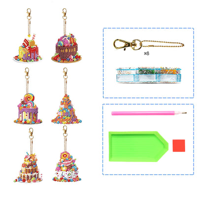 6Pcs Gorgeous Cakes Acrylic Double Side Keychain Diamond Painting