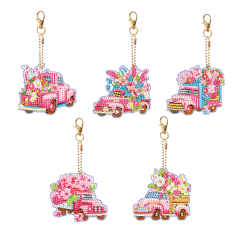 5Pcs Pink Flower Car Acrylic Double Side Keychain Diamond Painting