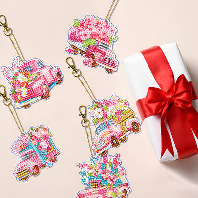 5Pcs Pink Flower Car Acrylic Double Side Keychain Diamond Painting