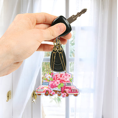 5Pcs Pink Flower Car Acrylic Double Side Keychain Diamond Painting