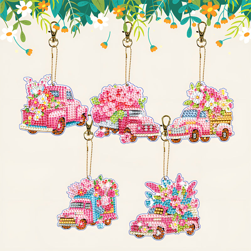 5Pcs Pink Flower Car Acrylic Double Side Keychain Diamond Painting