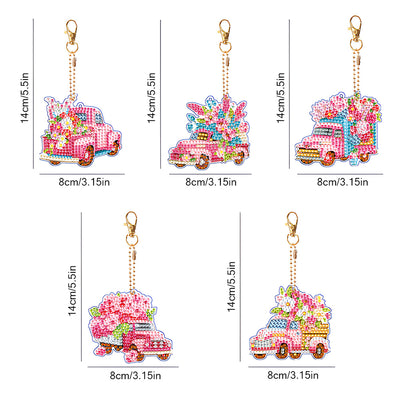 5Pcs Pink Flower Car Acrylic Double Side Keychain Diamond Painting