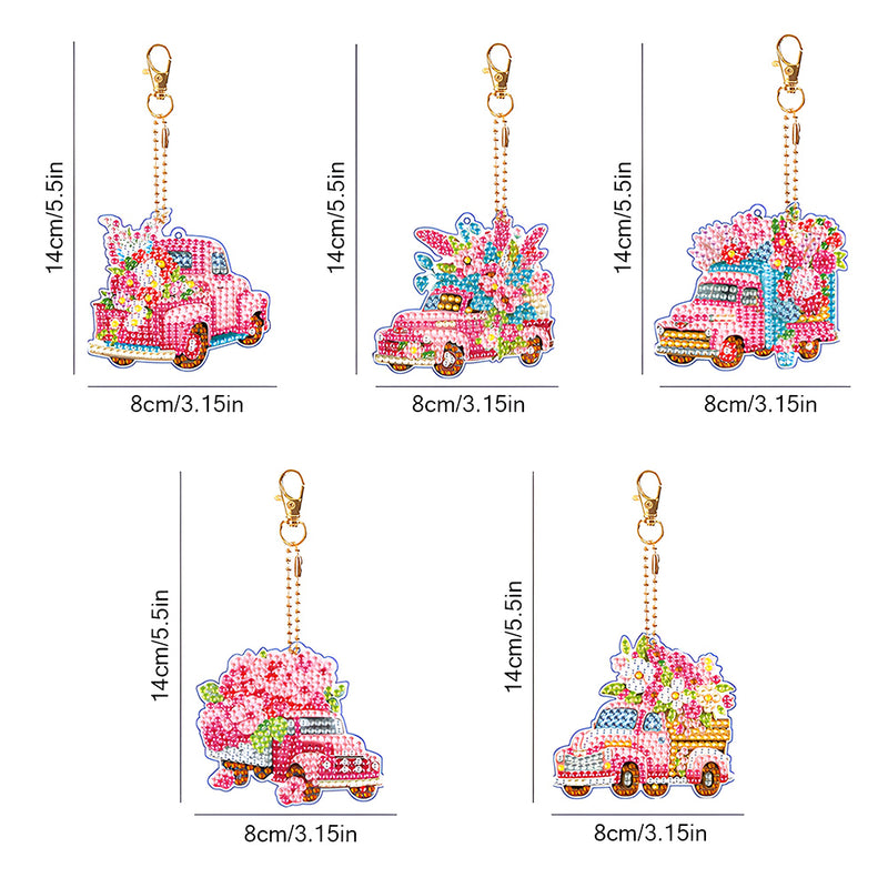 5Pcs Pink Flower Car Acrylic Double Side Keychain Diamond Painting