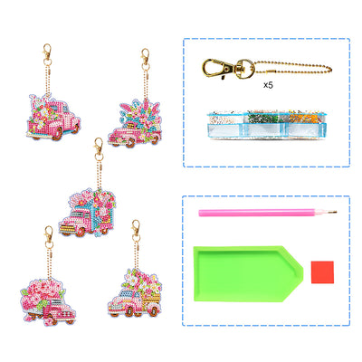 5Pcs Pink Flower Car Acrylic Double Side Keychain Diamond Painting