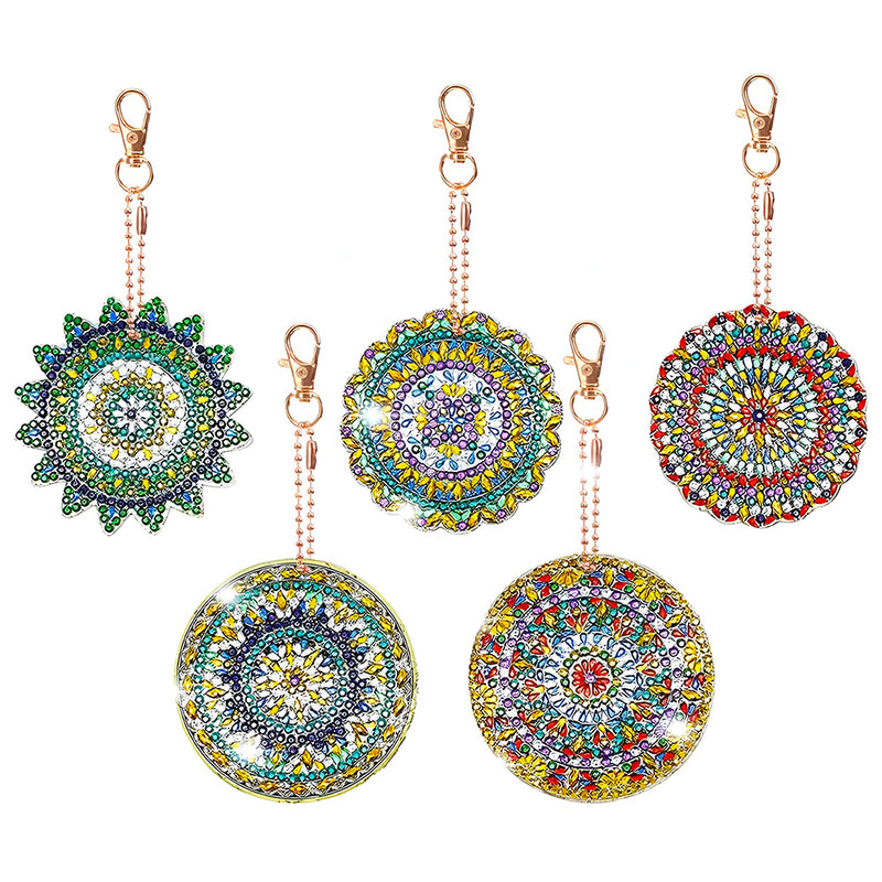 5Pcs Green and Golden Mandala Acrylic Double Side Keychain Diamond Painting