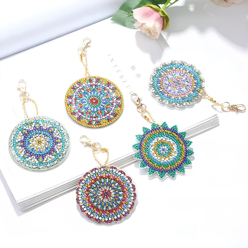 5Pcs Green and Golden Mandala Acrylic Double Side Keychain Diamond Painting