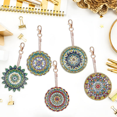 5Pcs Green and Golden Mandala Acrylic Double Side Keychain Diamond Painting