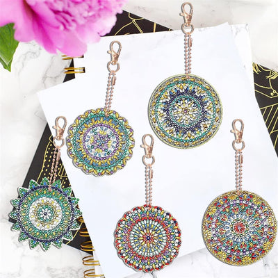 5Pcs Green and Golden Mandala Acrylic Double Side Keychain Diamond Painting