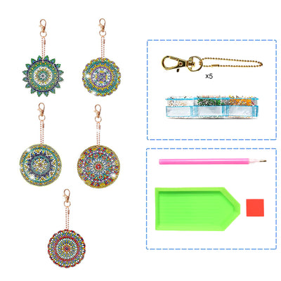 5Pcs Green and Golden Mandala Acrylic Double Side Keychain Diamond Painting