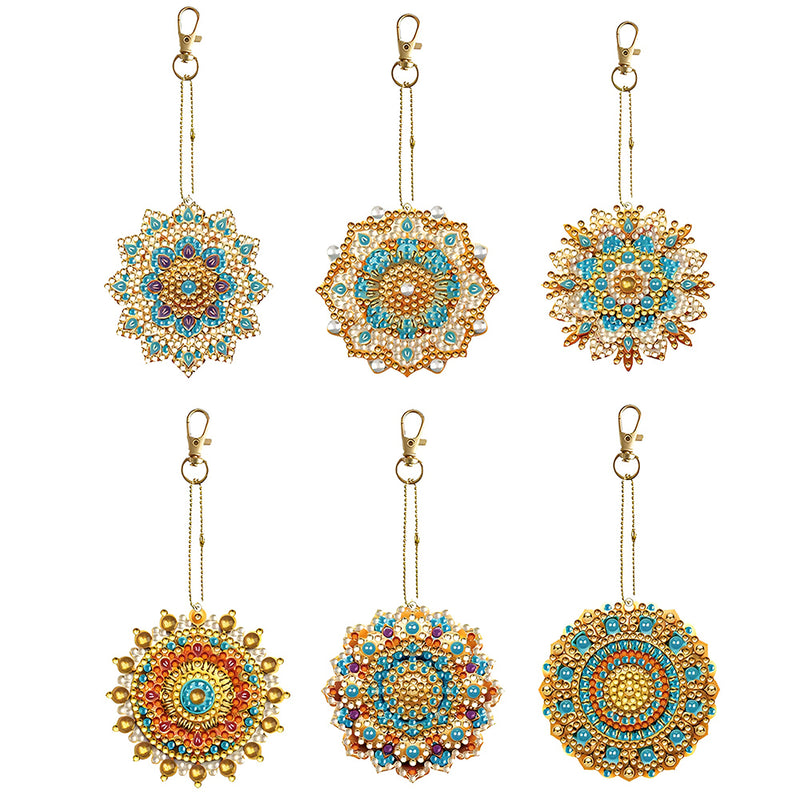 6Pcs Blue and Golden Mandala Acrylic Double Side Keychain Diamond Painting