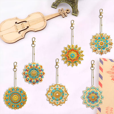 6Pcs Blue and Golden Mandala Acrylic Double Side Keychain Diamond Painting