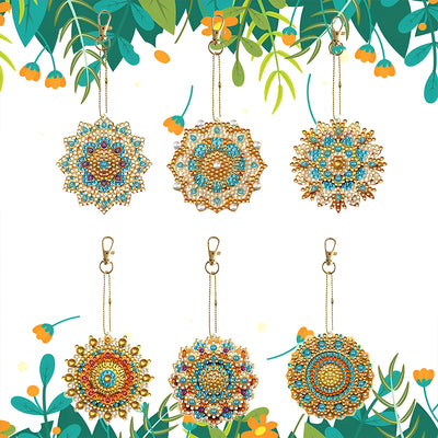 6Pcs Blue and Golden Mandala Acrylic Double Side Keychain Diamond Painting