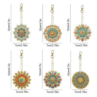 6Pcs Blue and Golden Mandala Acrylic Double Side Keychain Diamond Painting