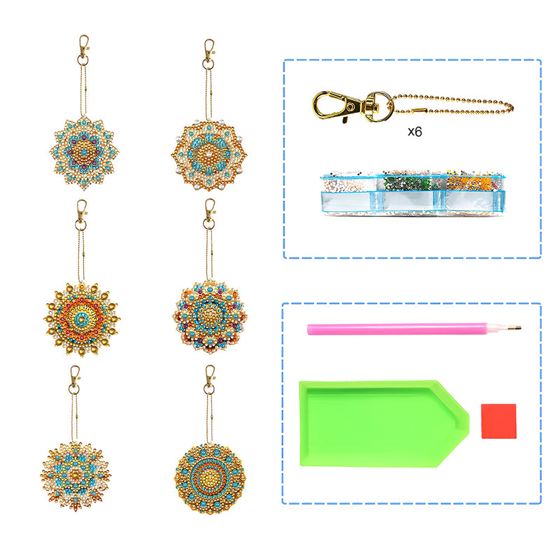 6Pcs Blue and Golden Mandala Acrylic Double Side Keychain Diamond Painting