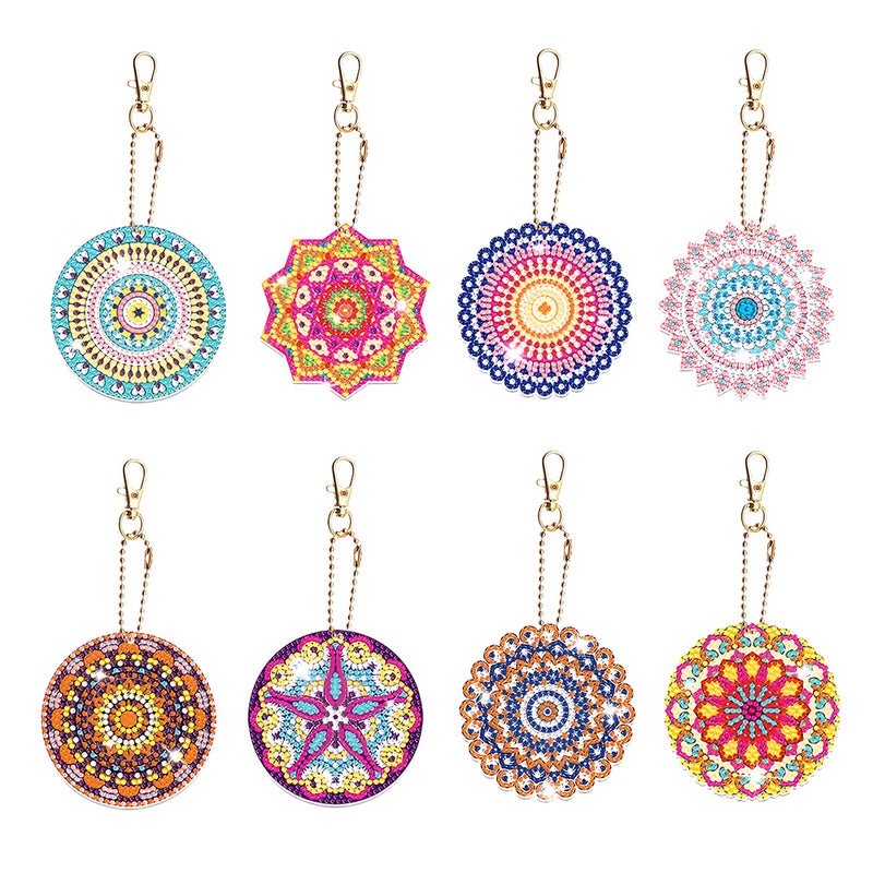 8Pcs Gorgeous Colorful Mandala Acrylic Double Side Keychain Diamond Painting