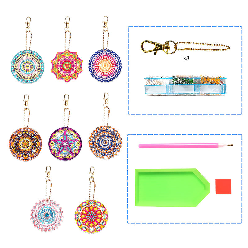 8Pcs Gorgeous Colorful Mandala Acrylic Double Side Keychain Diamond Painting