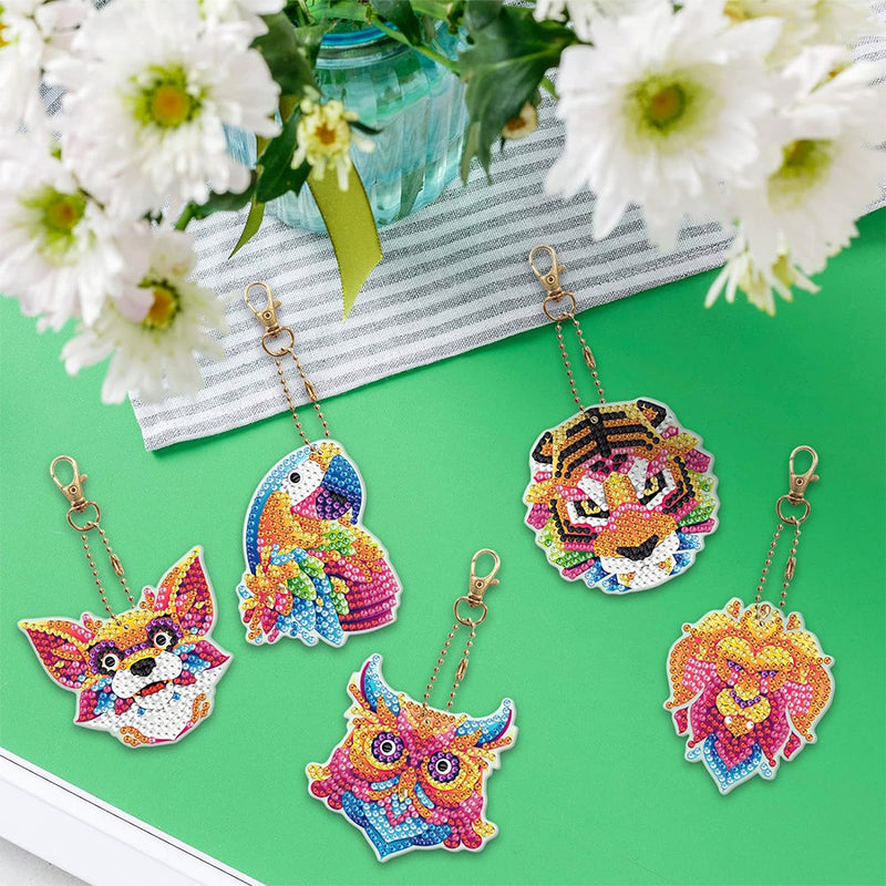 5Pcs Brilliant Animals Acrylic Double Side Keychain Diamond Painting