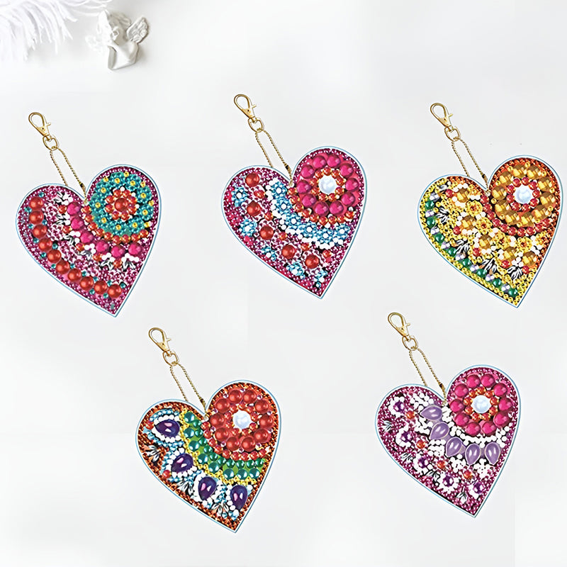 5Pcs Beautiful Heart Acrylic Double Side Keychain Diamond Painting