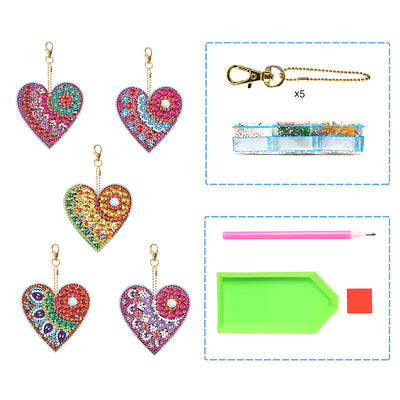 5Pcs Beautiful Heart Acrylic Double Side Keychain Diamond Painting