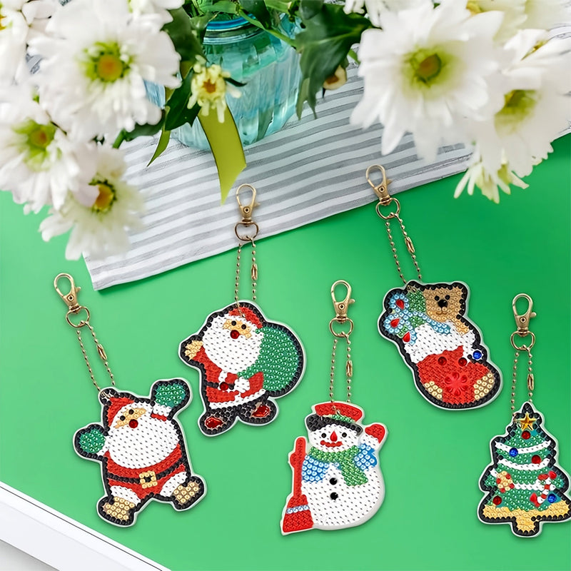 5Pcs Christmas Santa Acrylic Double Side Keychain Diamond Painting