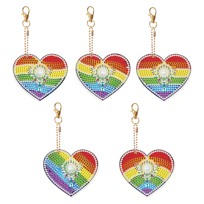 5Pcs Rainbow Heart Acrylic Double Side Keychain Diamond Painting