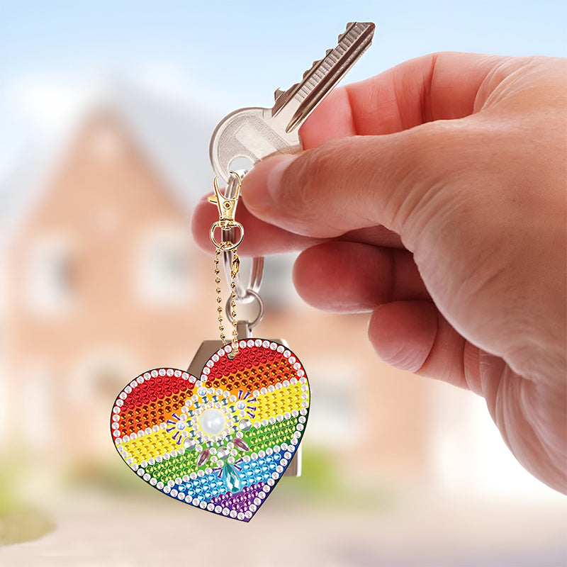 5Pcs Rainbow Heart Acrylic Double Side Keychain Diamond Painting