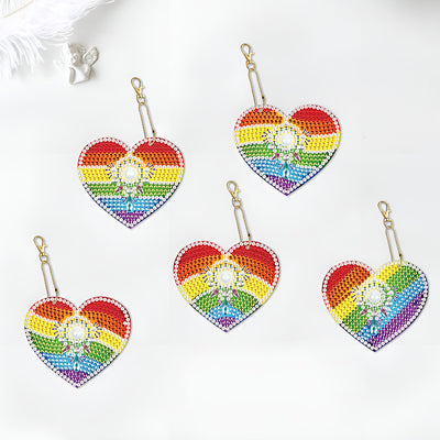 5Pcs Rainbow Heart Acrylic Double Side Keychain Diamond Painting