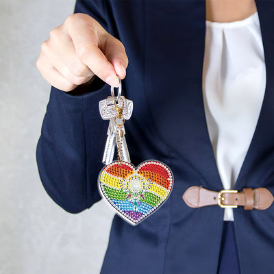 5Pcs Rainbow Heart Acrylic Double Side Keychain Diamond Painting